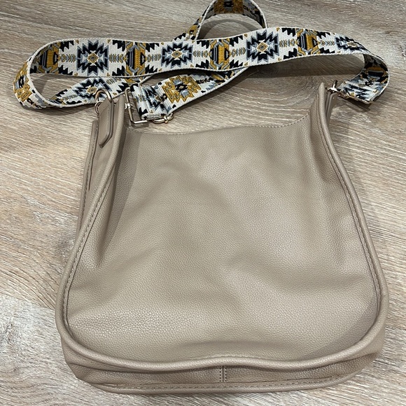 AHDORNED Vegan Tan Pebble grain crossbody purse + Embroidered Aztec print Strap - Picture 2 of 11